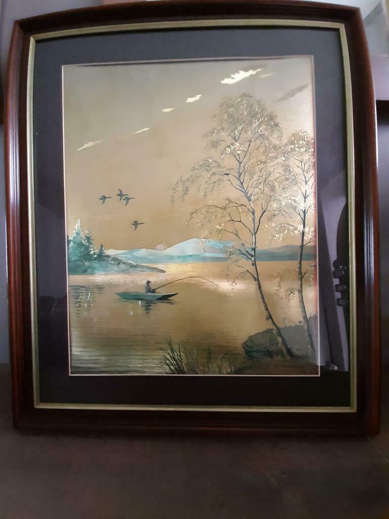 Oeuvre d'art vintage E. Stephens encadrée en or Lac de Monta, Antiquités & Art, Art | Peinture | Moderne, Enlèvement ou Envoi