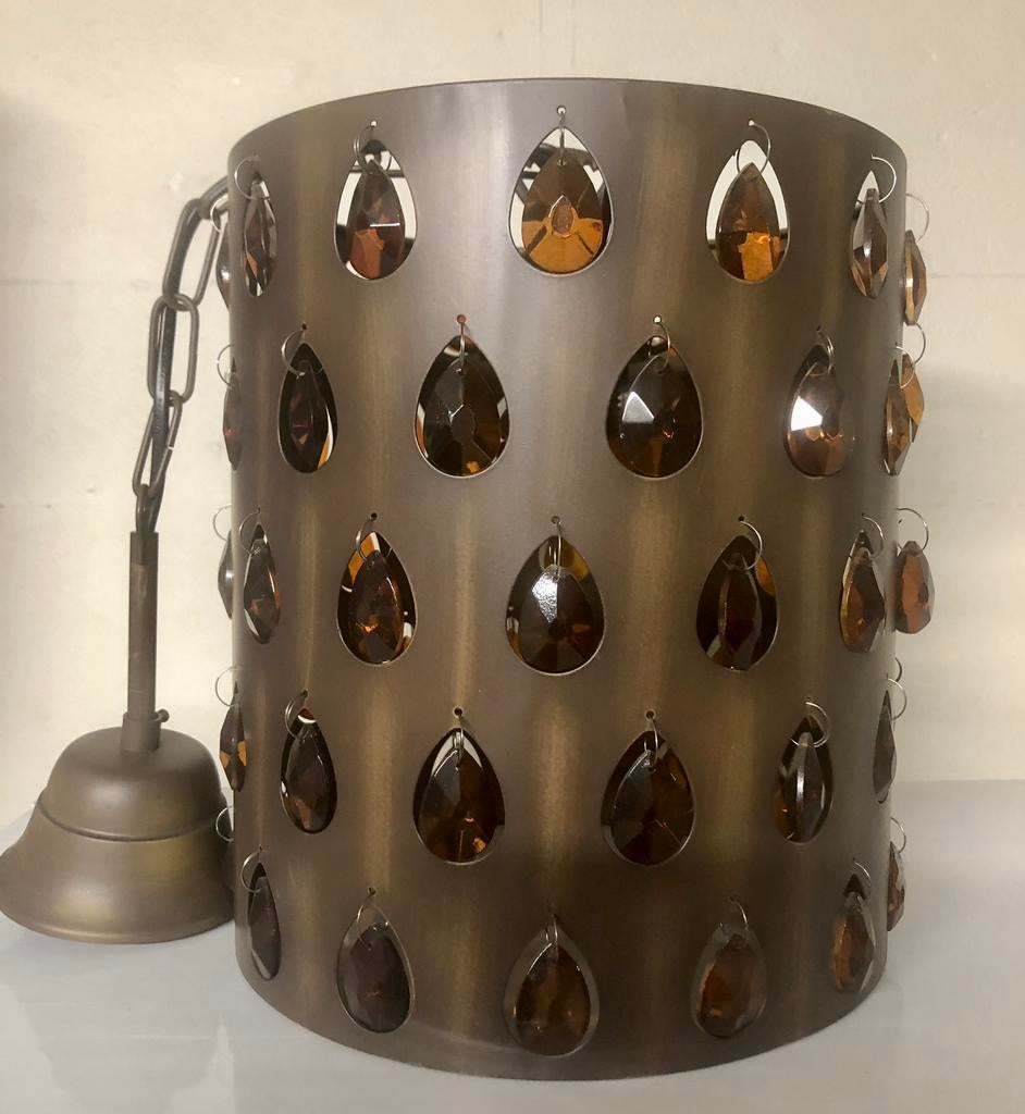 Hanglamp koperkleur metaal  oranje kleurige druppel in pvc, Ophalen of Verzenden, Metaal