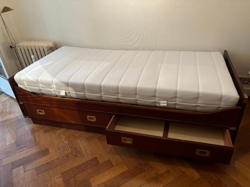 Lit bateau en placage bois type acajou, 90 cm, Style bâteau, Une personne, Brun