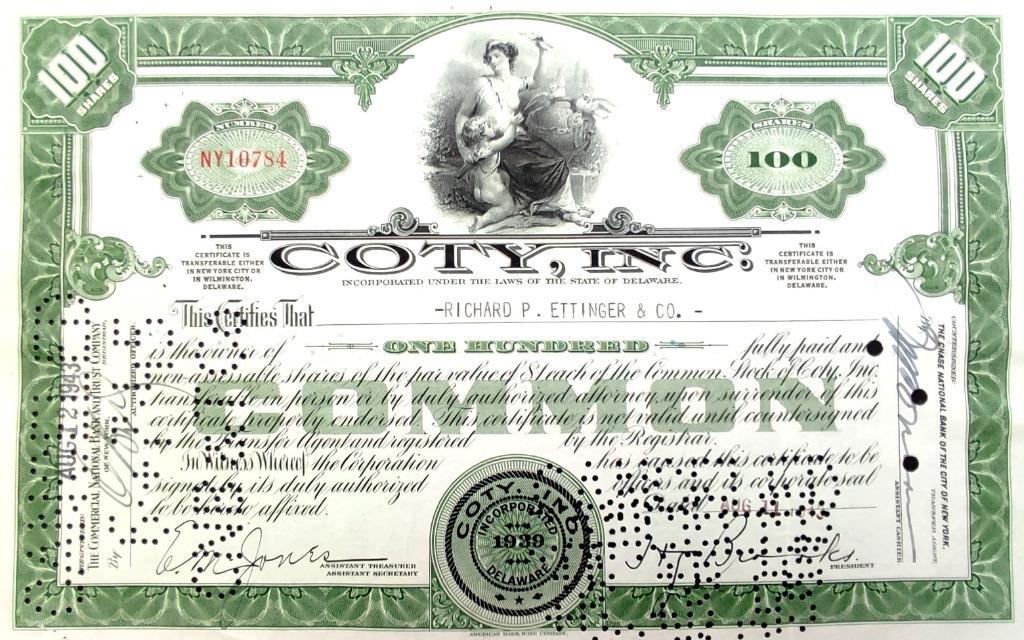 Coty Inc. (Calvin Klein etc.) 1943, Enlèvement ou Envoi, 1920 à 1950, Certificat d'action