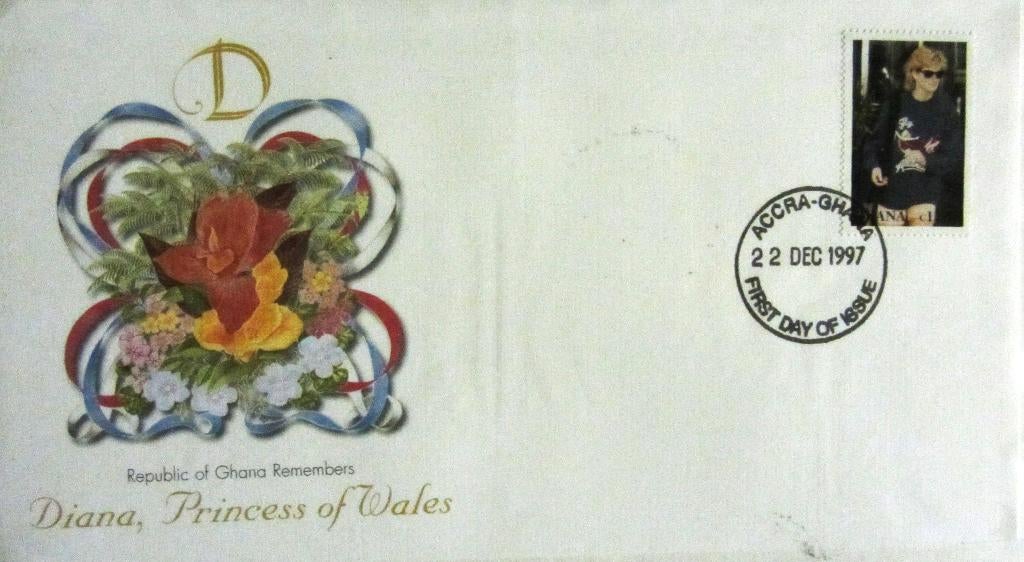 GROTE FDC- PRINSES DIANA MET POSTZEGEL GHANA, Ophalen of Verzenden, Gestempeld, Koningshuis