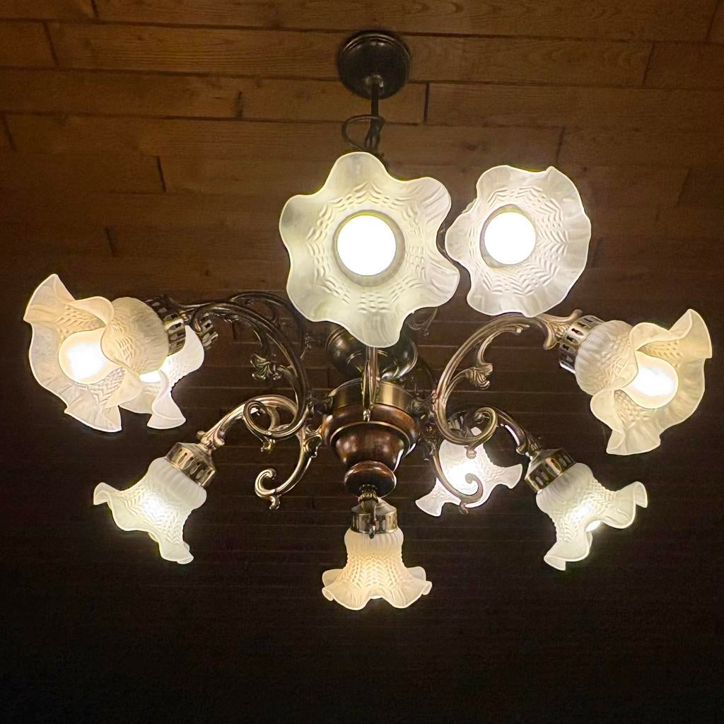 Landelijke luster - 9 lampen, Enlèvement, Comme neuf, Verre, Landelijk