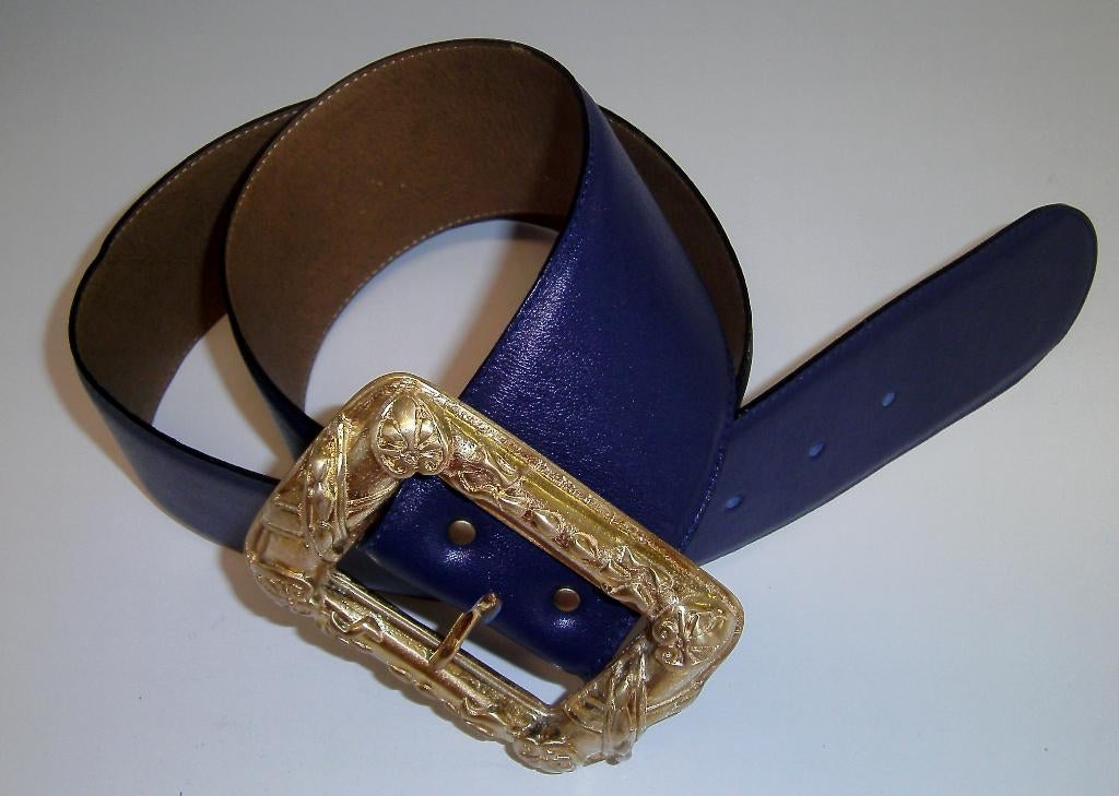 „LOUIS FERAUD „Prachtige vintage blauwe LEREN RIEM, Kleding | Dames, Riemen en Ceinturen, Zo goed als nieuw, Heupriem, 90 tot 100 cm