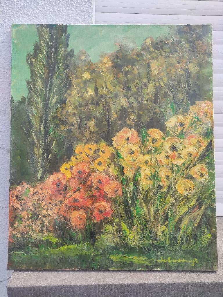 huile sur toile fleur signe jo bossuyt, Antiek en Kunst, Ophalen of Verzenden