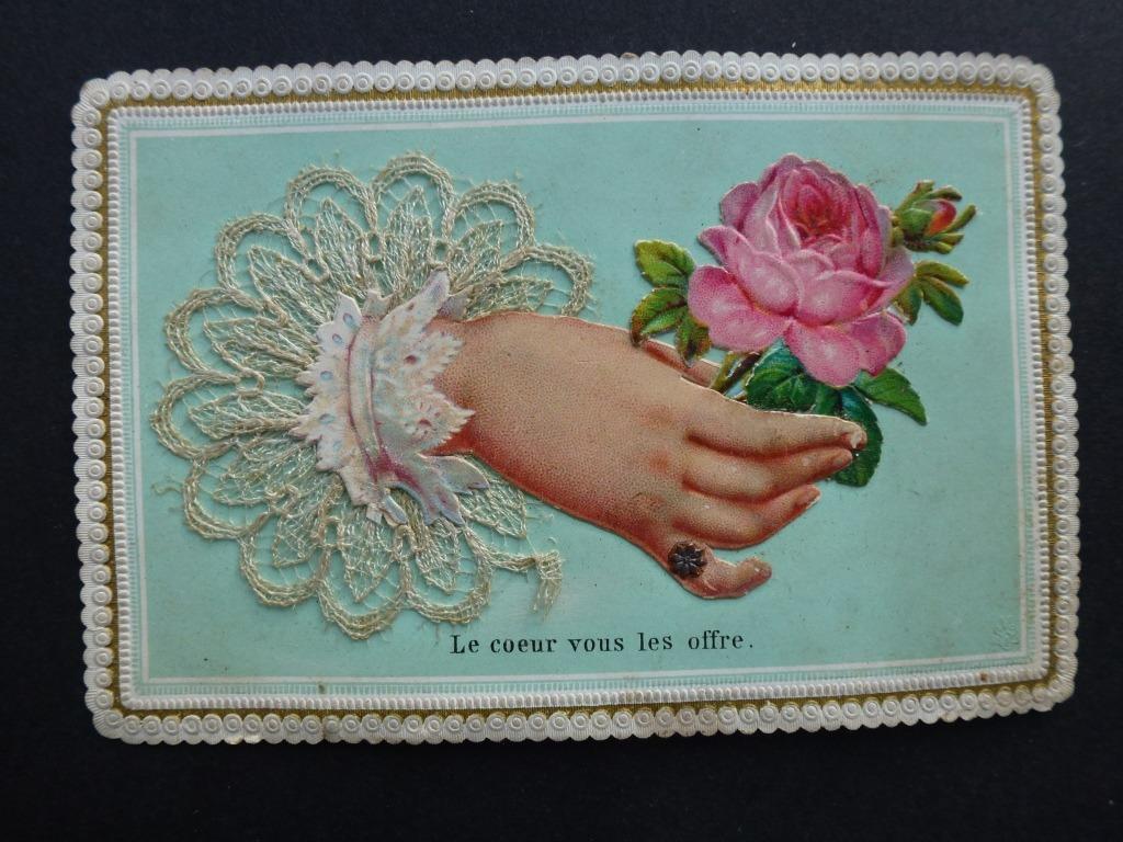 zeer oude prentkaart Le coeur vous les offre roos, Ophalen of Verzenden, Gelopen, Feest(dag)