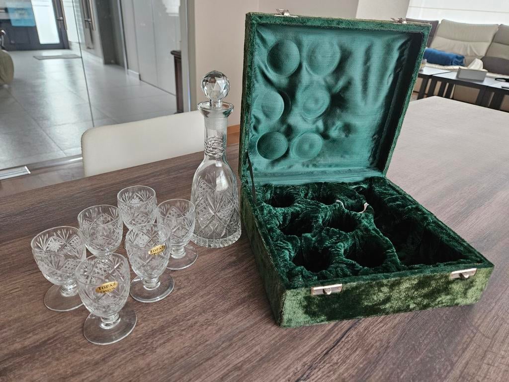 Kristallen likeurset – karaf + 6 glazen – originele fluwelen, Verzamelen, Ophalen of Verzenden, Zo goed als nieuw, Kristal
