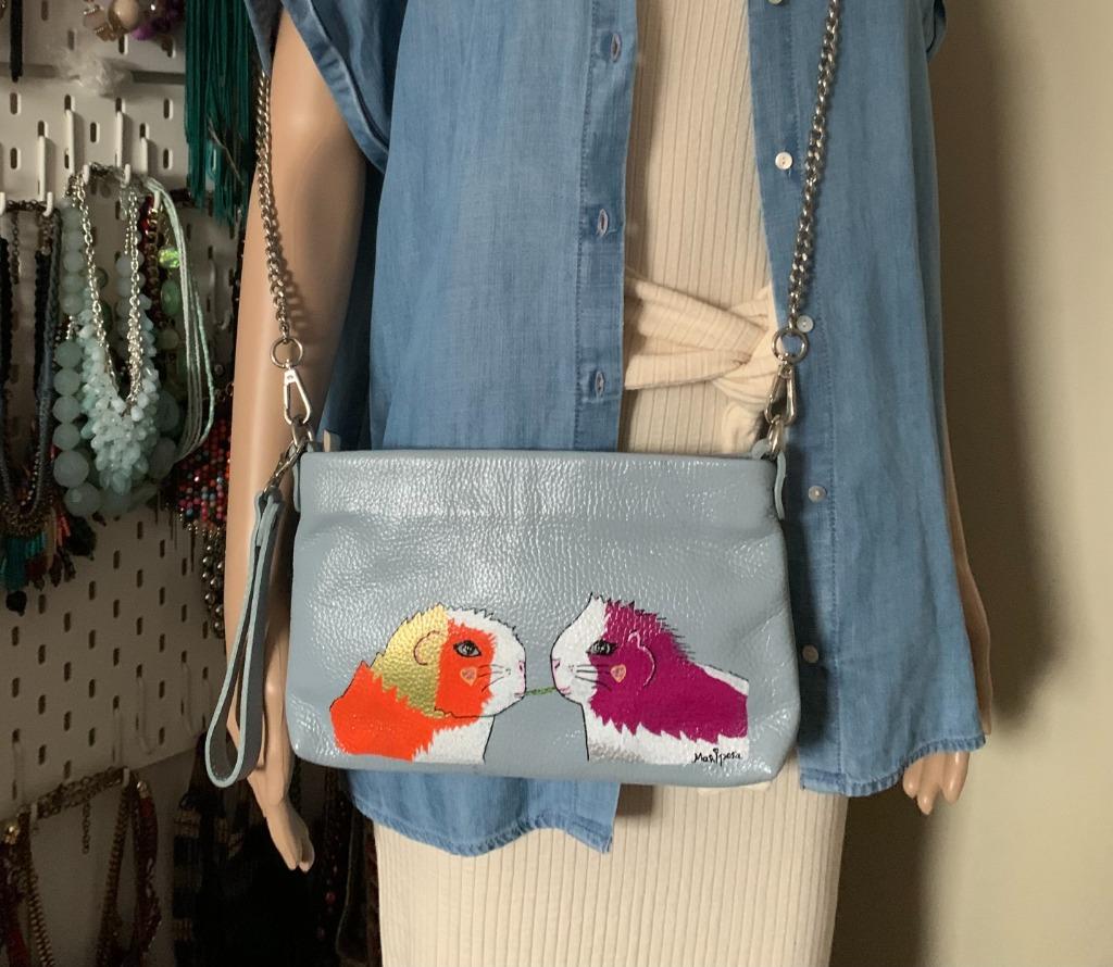 Handtas met cavia tekening 'Diner voor 2', Handtassen en Accessoires, Ophalen of Verzenden, Zo goed als nieuw, Blauw, Handtas