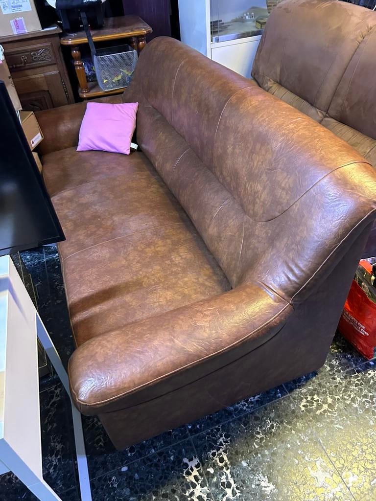 Comfortabele 3-zits bank – Cognac Bruin – Lederlook, Ophalen of Verzenden, Zo goed als nieuw