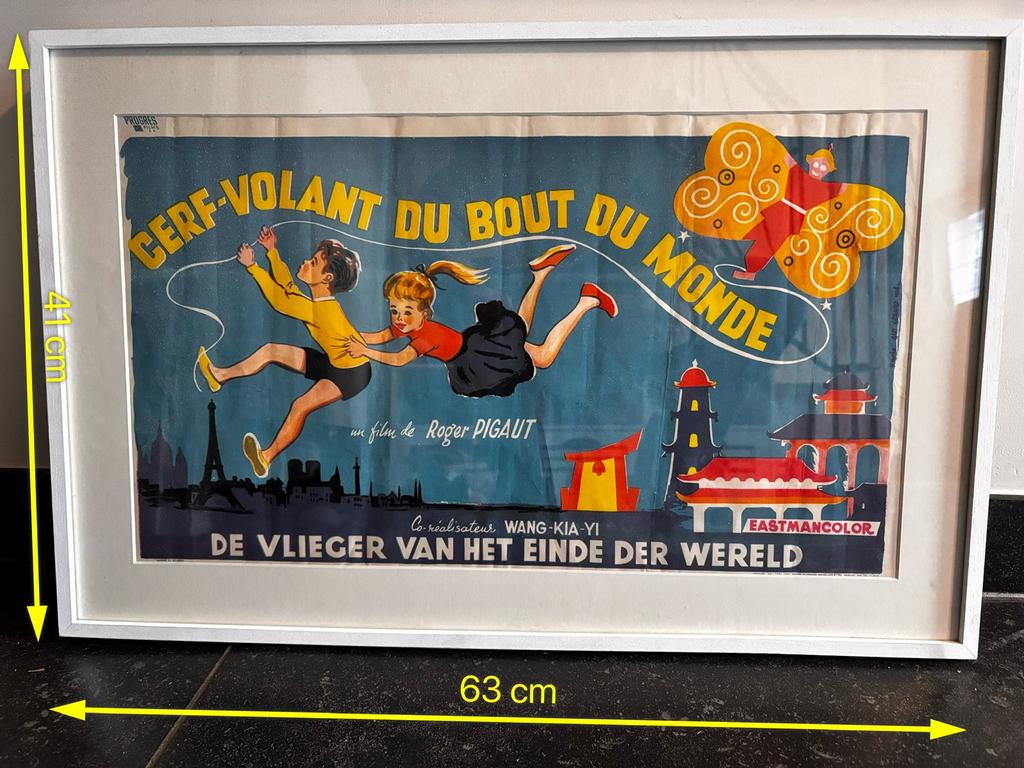 Vintage ingelijste poster 63x41 vlieger, Ophalen, Zo goed als nieuw, Minder dan 50 cm, 50 tot 75 cm