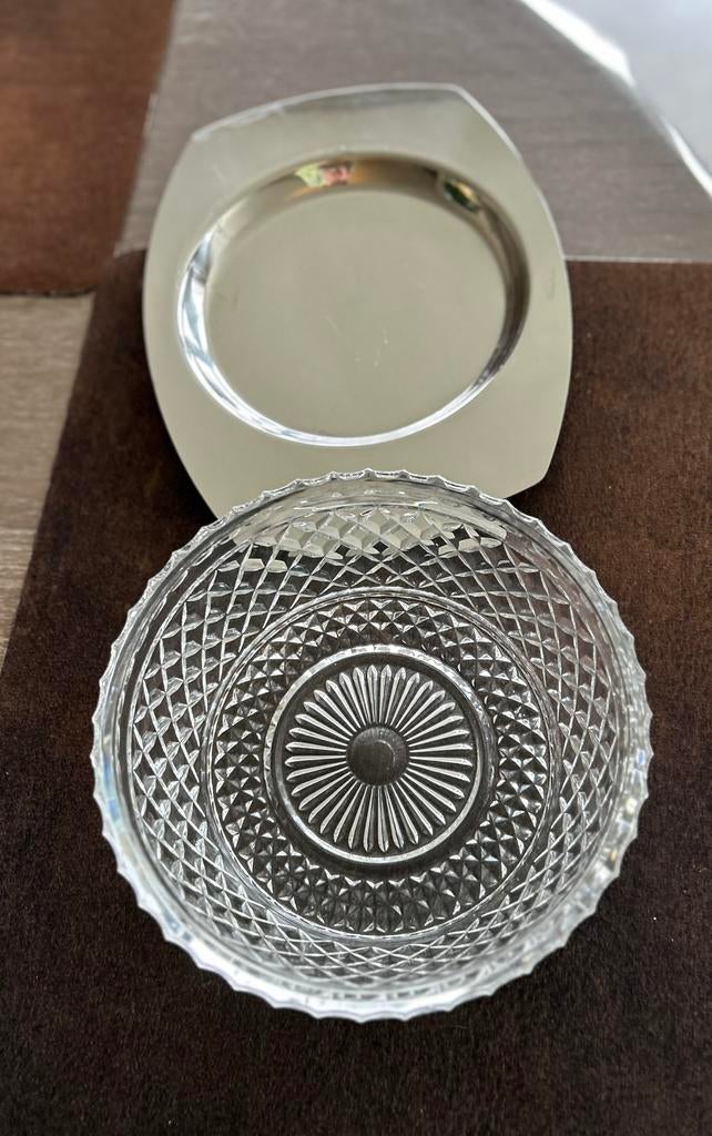 Vintage glazen schaaltje met inox onderzetter (18/10), Antiek en Kunst, Verzenden