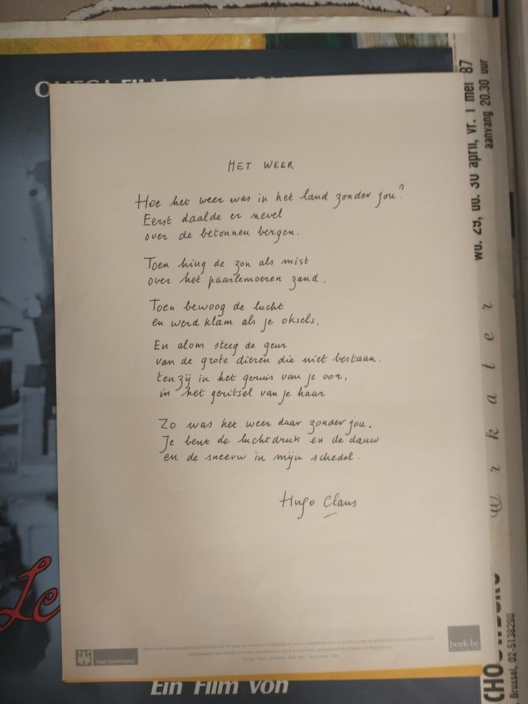 Hugo Claus - Het weer 2002 affiche, Ophalen of Verzenden, Gebruikt