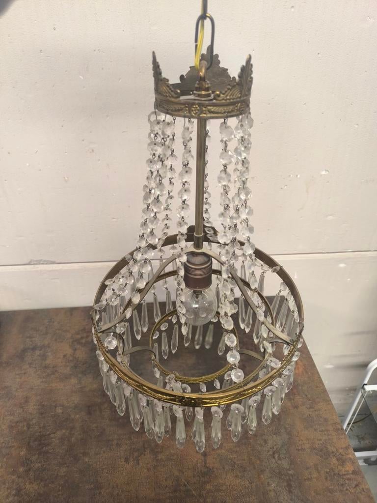 Antieke plafonnière – Empire stijl – messing & kristal, Antiek en Kunst, Antiek | Verlichting, Ophalen