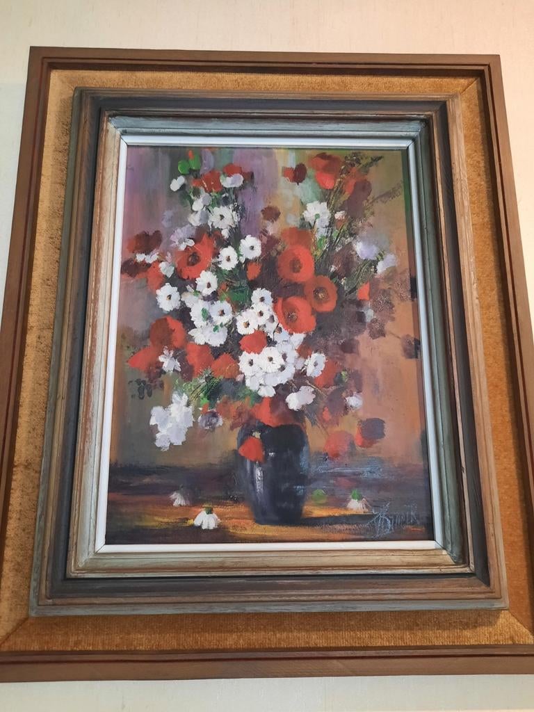 schilderij op hout. Vaas met bloemen oa klaprozen, Antiek en Kunst, Ophalen