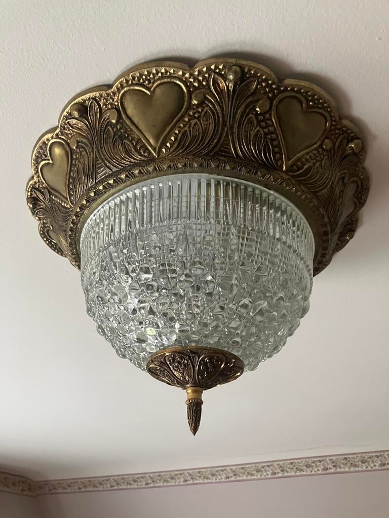 Art Deco Plafonnière – Messing met Hartenmotief Kristalglas, Huis en Inrichting, Ophalen, Glas