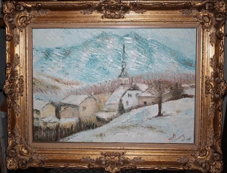 huile sur toile paysage de neige 50/70cms encadrée, Enlèvement ou Envoi, Comme neuf, Toile