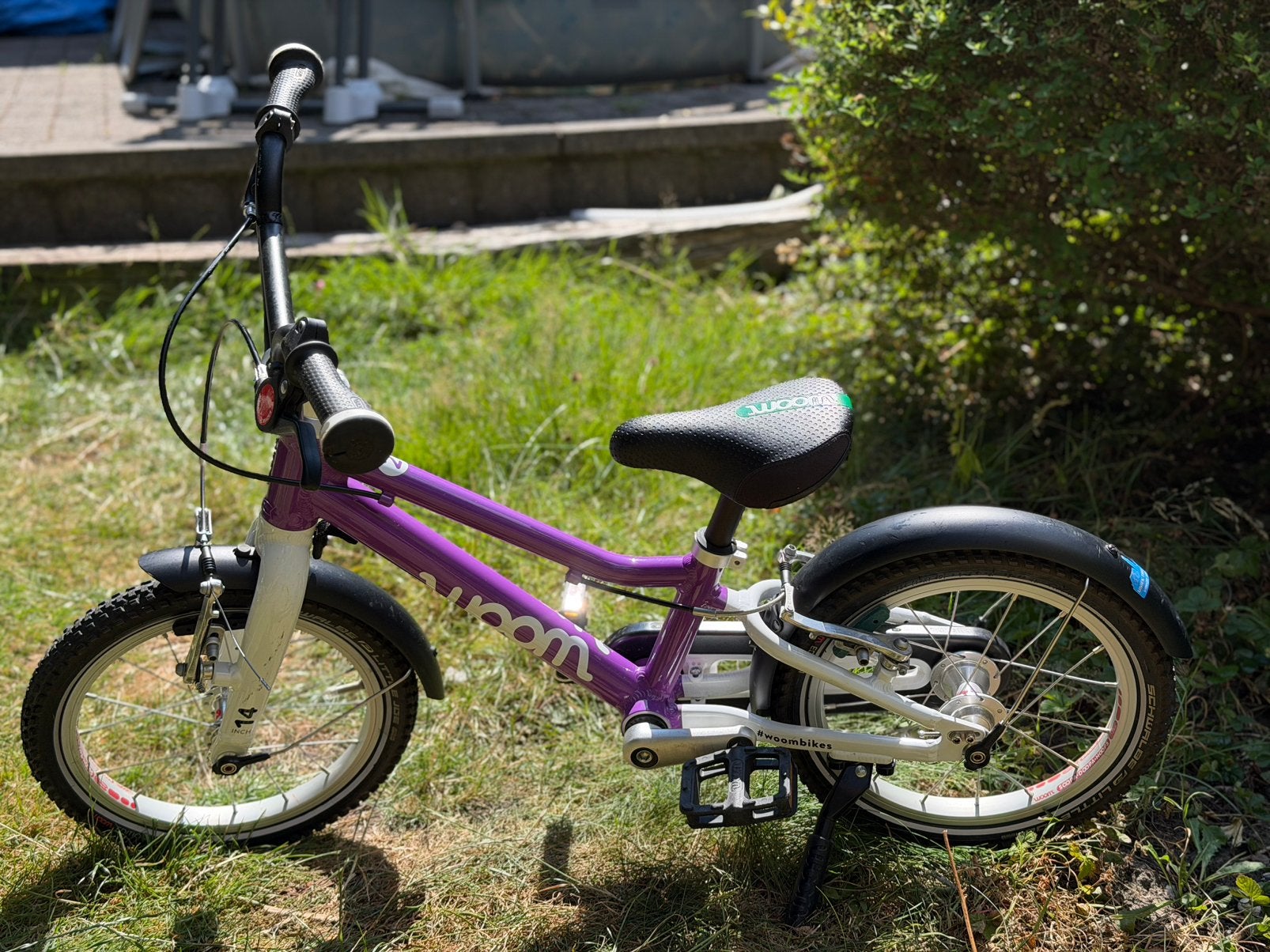 Woom 2 kinderfiets - Paars, Ophalen, Zijwieltjes, Gebruikt, Velgrem