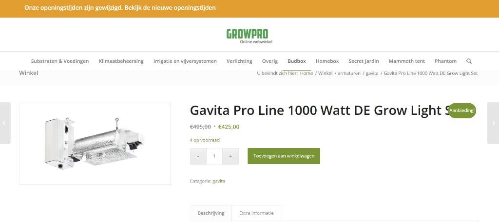 Gavita Pro HPS 1000watt Kweeklamp met ballast, Tuin en Terras, Kweekspullen, Zo goed als nieuw, Kweeklamp, Ophalen of Verzenden