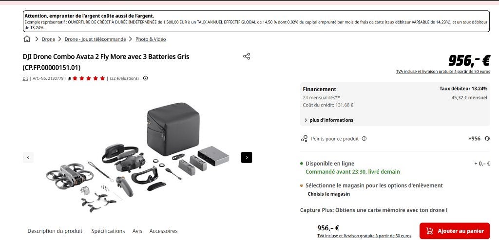 DJI Drone Combo Avata 2 Fly More avec 3 Batteries Gris, Neuf, Batterie(s) supplémentaire(s), Drone professionnel, DJI