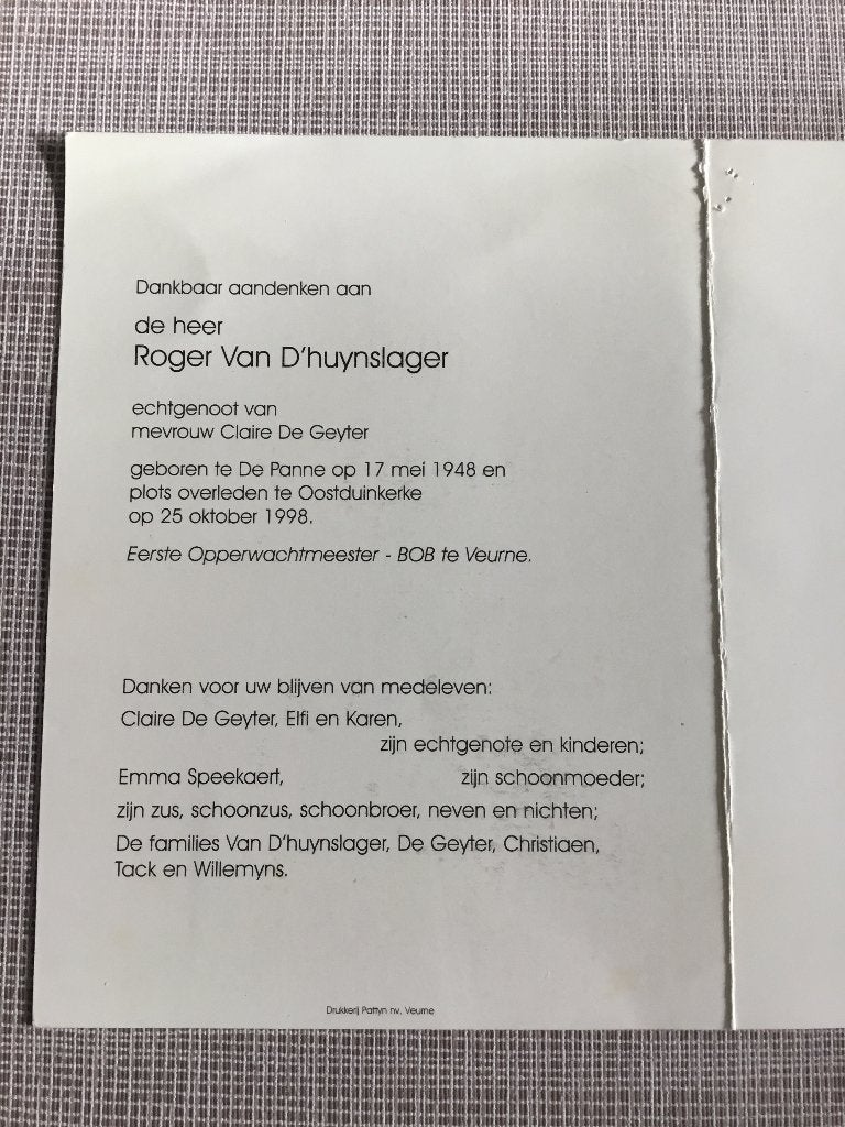 Rijkswachter R.Van D’huynslager De Panne + Oostduinkerke, Verzamelen, Ophalen of Verzenden, Bidprentje