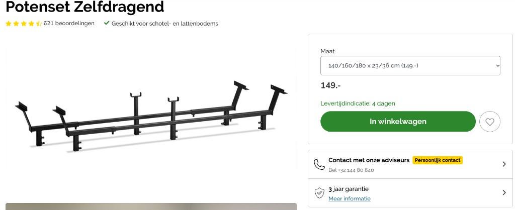 Potenset Zelfdragend Beterbed, Ophalen, Verstelbaar, Zwart, 180 cm