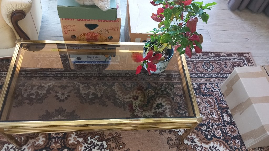 Glazen salontafel met gouden rand en poten, Huis en Inrichting, Ophalen, Gebruikt, Rechthoekig, Glas