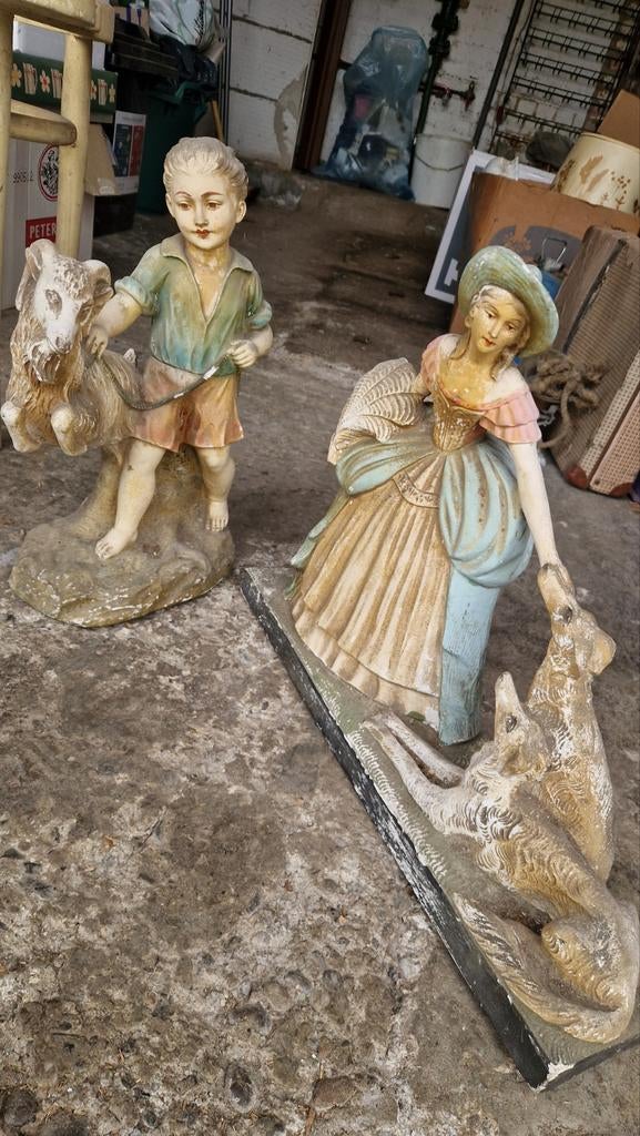 Paire de statuettes plâtre anciennes '90 – scène pastorale, Antiquités & Art, Enlèvement