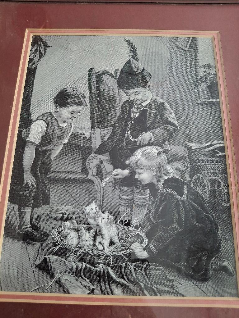 Zijden wandtapijt  met kinderen en kittens,., Ophalen