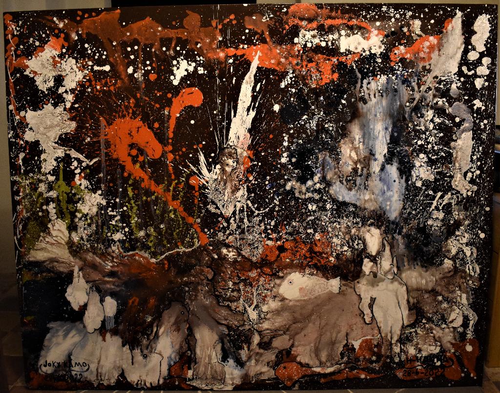 SCHILDERIJ VAN BEEST EN DRAAK Abstract schilderij, Joky Kamo, Antiek en Kunst, Ophalen, Olieverf, Abstract