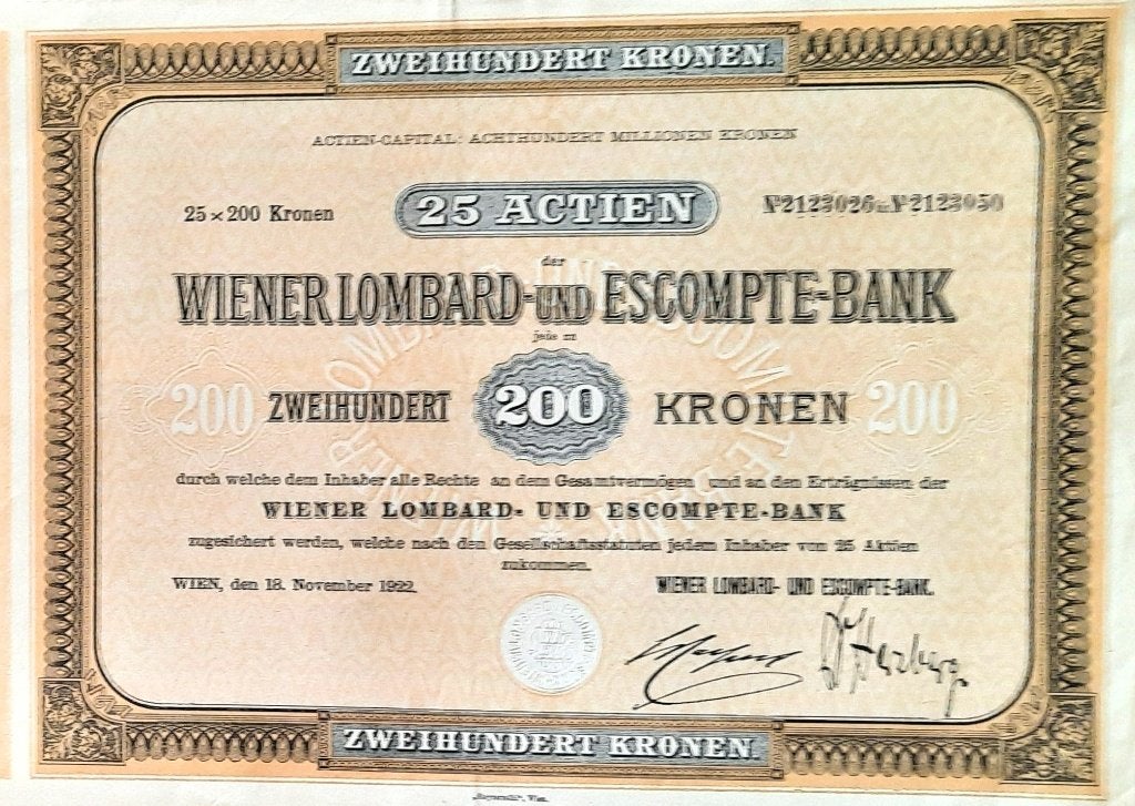 Wiener Lombard und Escompte Bank - Wien - 1922 -- 25 aktien, Timbres & Monnaies, Enlèvement ou Envoi, 1920 à 1950, Action