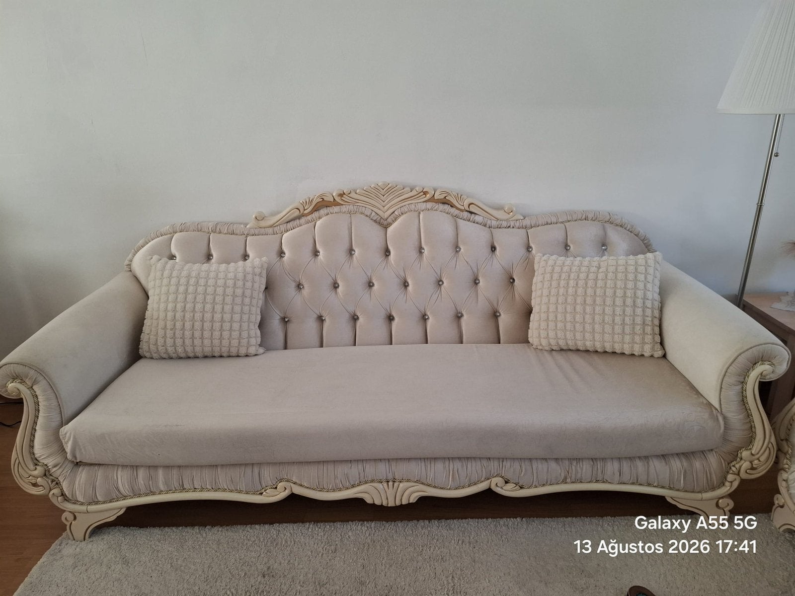 Te koop woonkamer, zetel, eertafel, dressoir, vitrinekast, Huis en Inrichting, Ophalen, Zo goed als nieuw, Stof