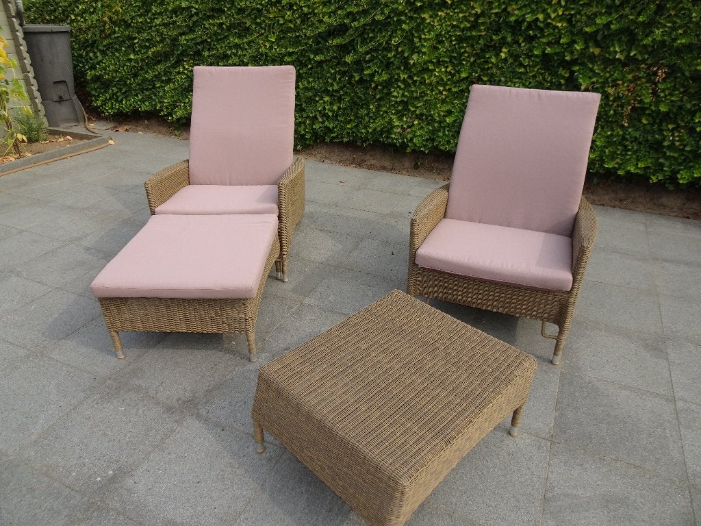 Tuinligbedden 2-delig alu/5 mm Wicker koffiemelk met kussens, Ophalen, Zo goed als nieuw, Wicker, Verstelbaar