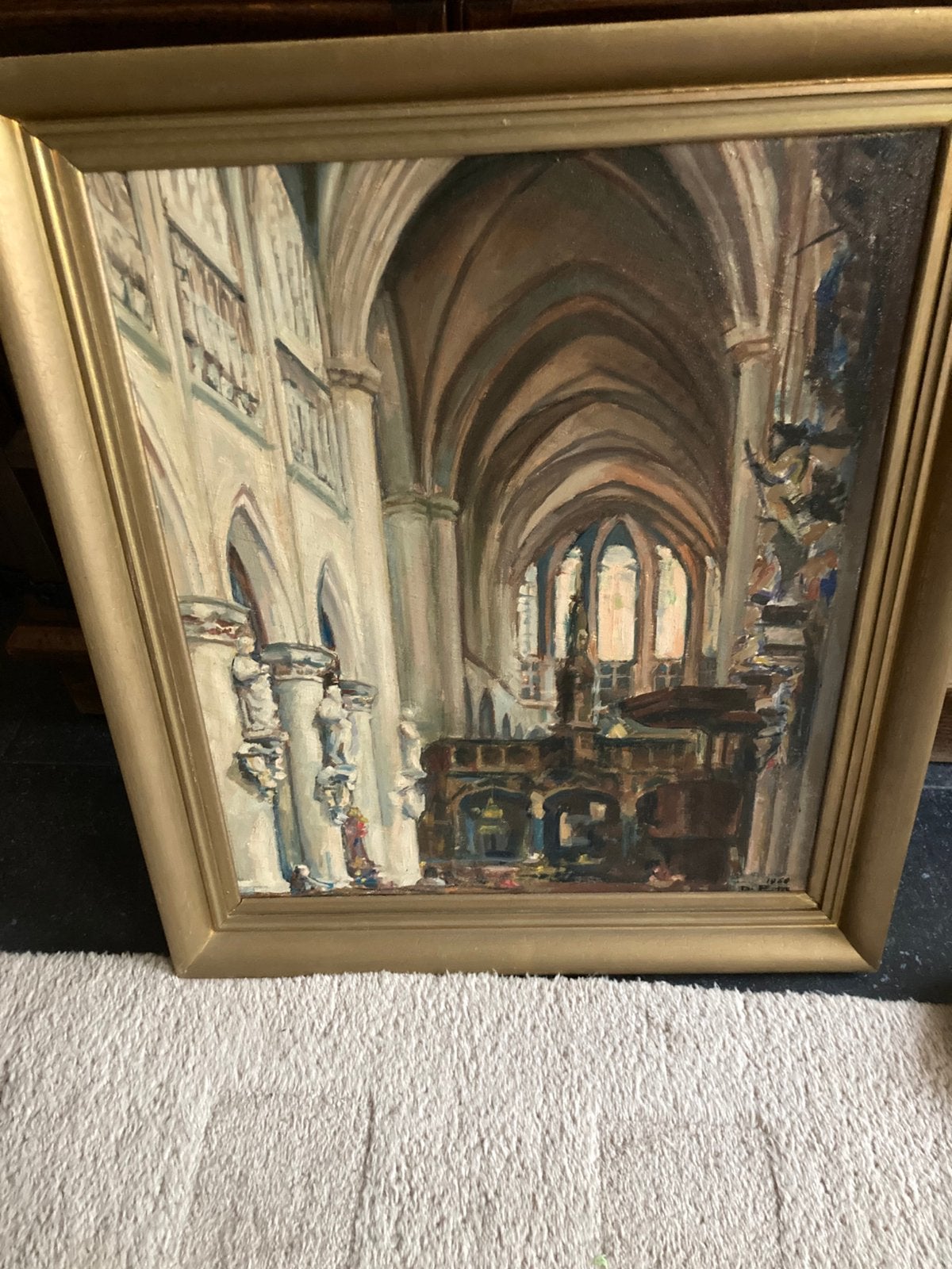 Oud schilderij van  grote kerk Lier binnen zicht, Œuvre originale, Autres sujets, Enlèvement, Toile