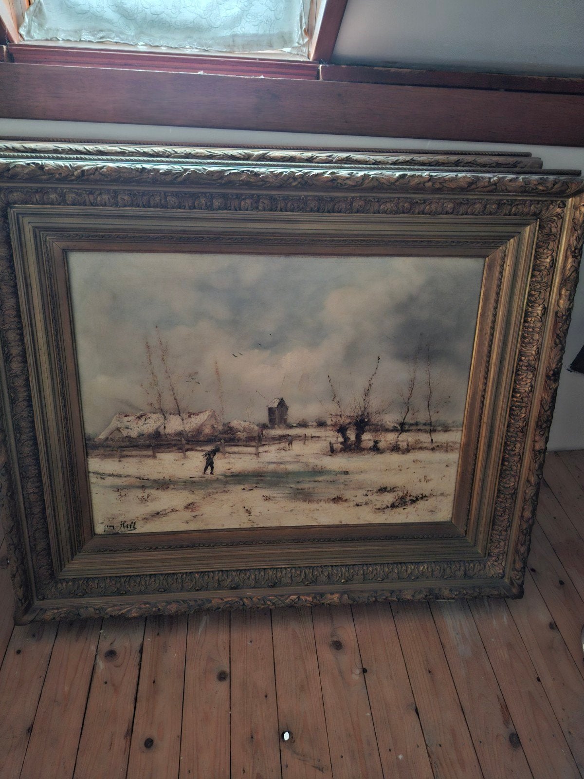 Twee antieke schilderijen. Get . Jean hill. Zomer en winterl, Enlèvement, Toile