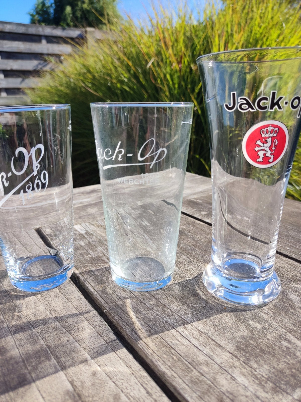 Set van 3 Vintage oude Bierglazen Jack Op, Ophalen, Gebruikt, Bierglas
