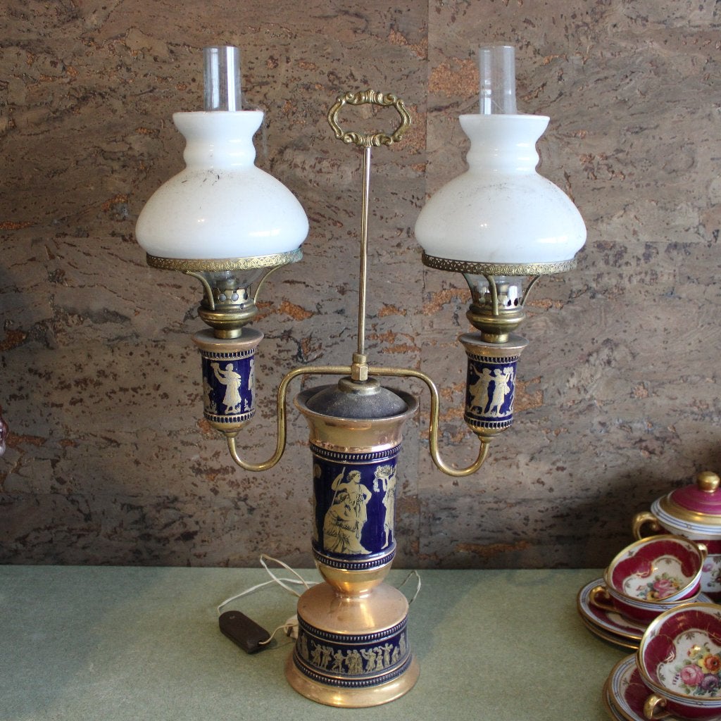 Vintage Italiaanse Tweearmige Tafellamp Kobaltblauw, Ophalen of Verzenden, Glas, Vintage