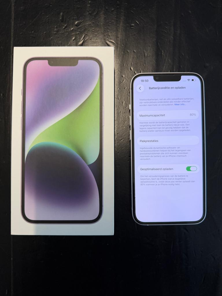 iPhone 14 Purple 128gb, Telecommunicatie, Ophalen, 80 %, Paars, Zonder simlock