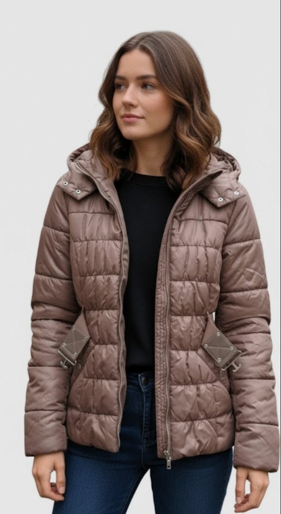 Doudoune cintrée marron H&M avec capuche et ceinture - T36, H&M, Enlèvement, Porté, Taille 36 (S)