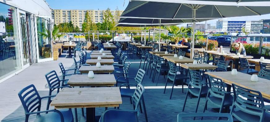 Terras tafels horeca/events in hout met voet, Enlèvement, Utilisé, Carré, Bois