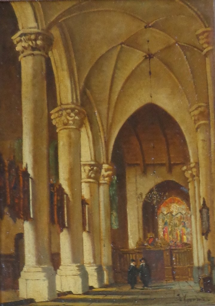 SCHUURMAN / BINNENZICHT KERK / OLIEVERF DOEK / 88x68cm KADER, Ophalen, Doek, Bijzondere lijst, Olieverf