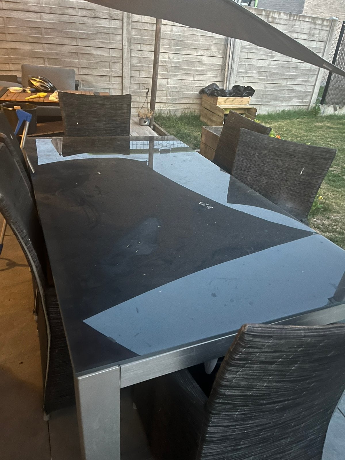 Tuintafel alu/glas met 6 stoelen, Ophalen, Gebruikt, 6 zitplaatsen, Aluminium