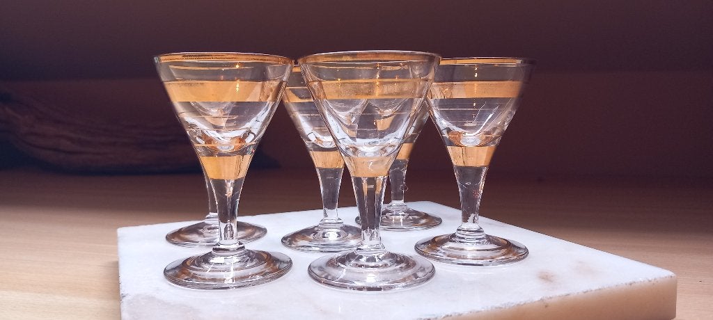 Vintage set van 6 likeurglazen (goud- en zilverband), Antiek en Kunst, Ophalen of Verzenden