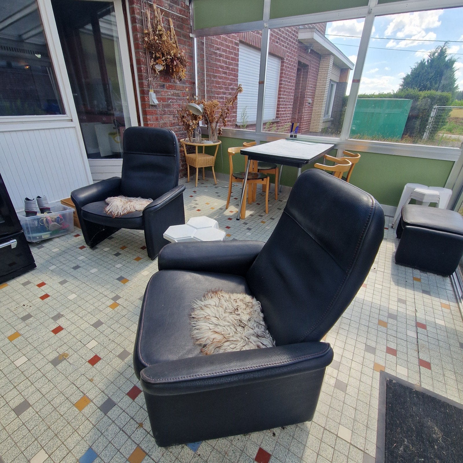 2 fauteuils met voetenbank DS-50 De Sede, Huis en Inrichting, Fauteuils, Ophalen, Gebruikt, Minder dan 75 cm, Leer