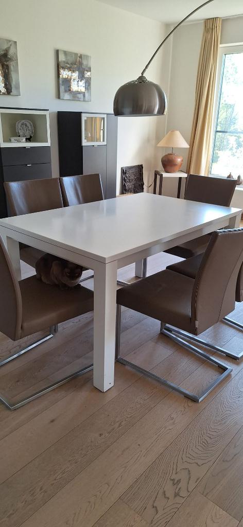 Table à manger blanche avec 6 chaises cuir gris beige, Maison & Meubles, Salles à manger complètes, Utilisé, 4 à 6 chaises, Enlèvement