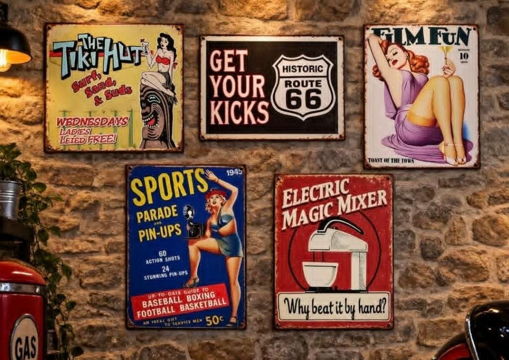 Tiki Hut Route 66 Pin Up e/a metalen decoratie borden 2 voor, Verzamelen, Ophalen of Verzenden, Nieuw, Reclamebord