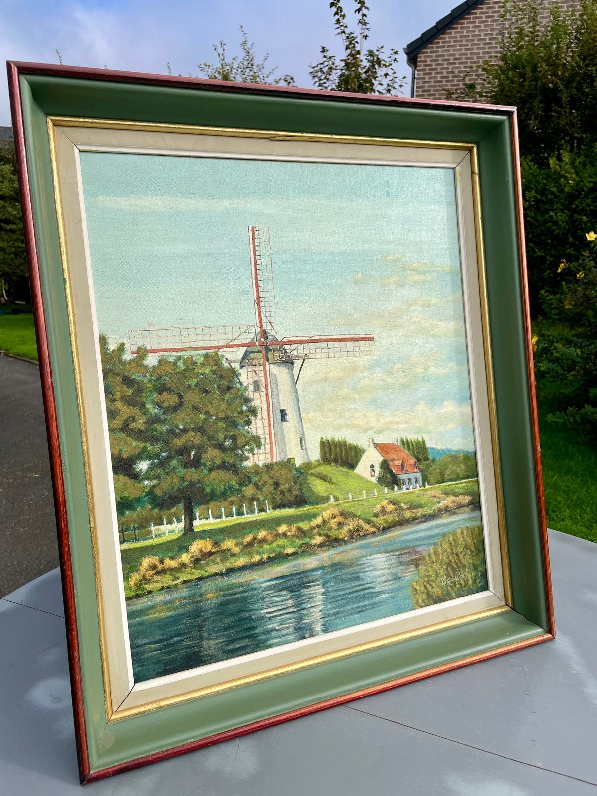 Huile sur toile G. Collas 1980 –Moulin sur le canal de Damme, Enlèvement, Paysage, Toile