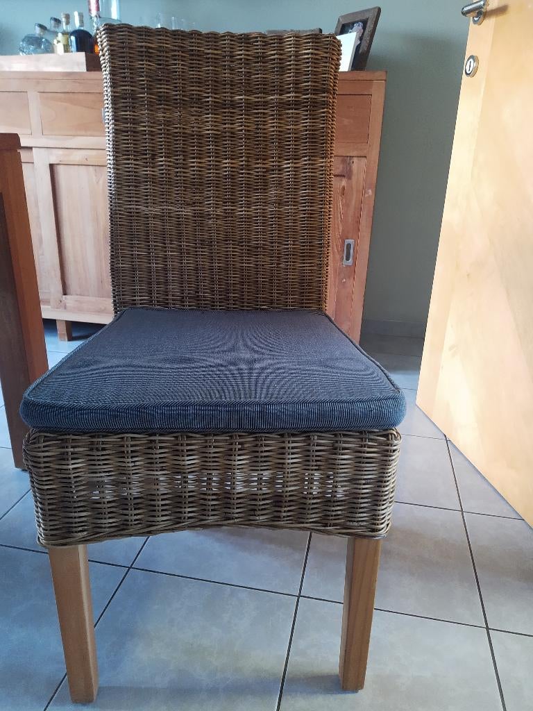 Set van 6 Luxe Teak Eetkamerstoelen met Rotan Zitting & Rug, Huis en Inrichting, Ophalen, Gebruikt, Bruin, Hout