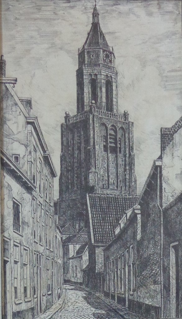 NEDERLANDSE SCHOOL / EUSEBIUSKERK ARNHEM / ETS 66x40cm KADER, Ophalen of Verzenden, Architectuur, Ets, Gesigneerd