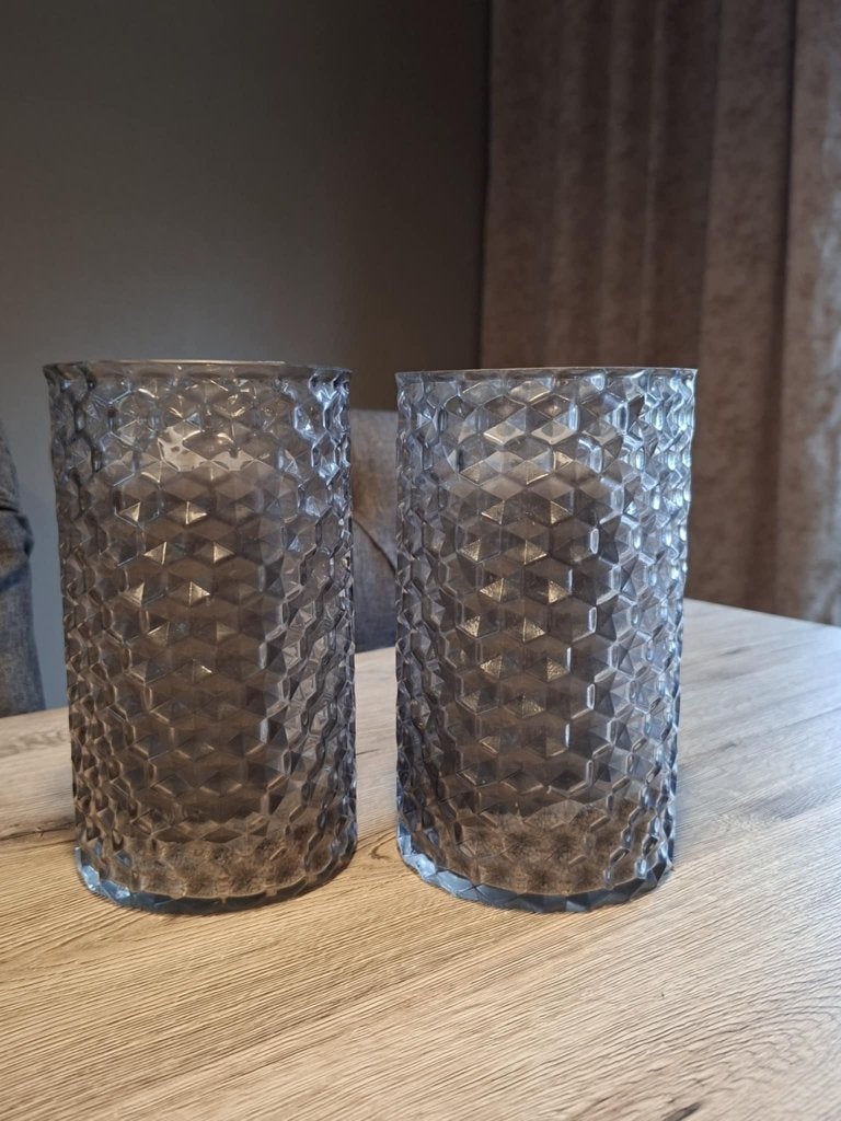 2 grijze windlichten & 2 grijzen kaarsen, Ophalen, Grijs, Kandelaar, Glas