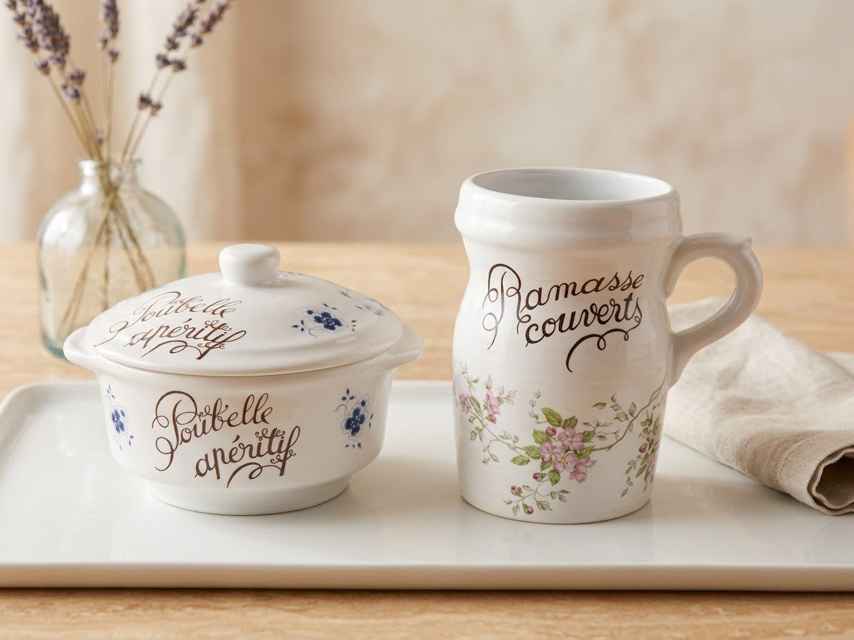 ensemble vintage  – Ramasse-couverts + poubelle de table, Enlèvement, Comme neuf, Céramique, Vintage