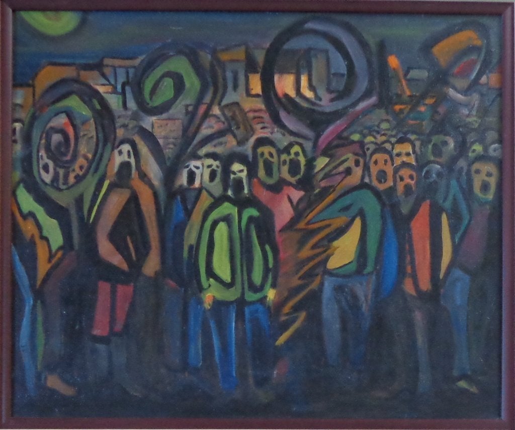 H. FERKRANUS / PROTEST 1976 / OLIEVERF DOEK / 60x70cm KADER, Peinture à l'huile, Signé, Enlèvement ou Envoi, Figures